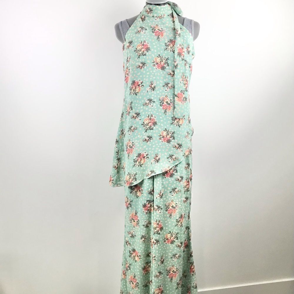 AoBaBa Mint and Rose Floral Silk Blend 2 Piece Halter Top Pantsuit Set